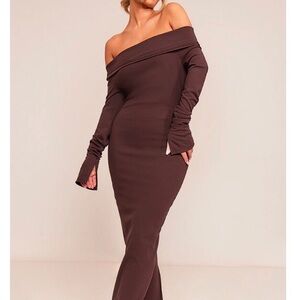 Pretty Little Thing BARDOT MAXI DRESS Chocolate Cotton Oversized 14 Long Sleeve